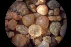 Wind-blasted sandgrains from the dunes (with thanks to the late Dr Michael Welland)
